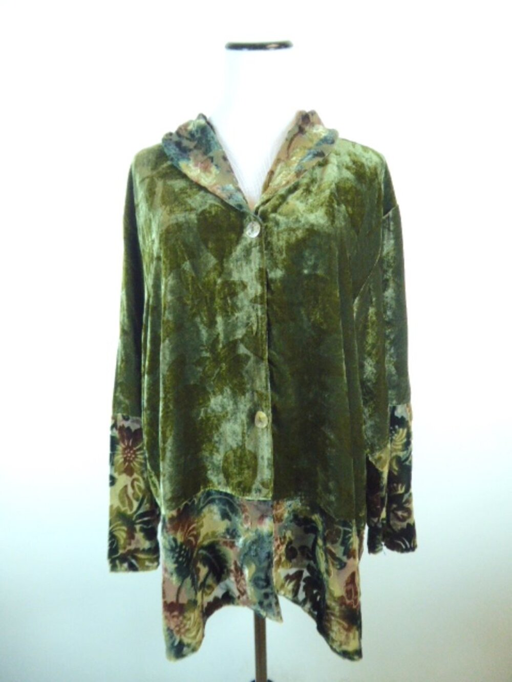CITRON Collection emerald green floral velvet jacket button up tunic top M